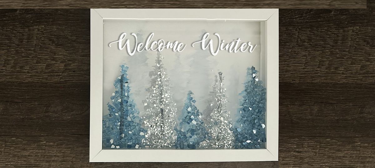 Winter Wishes Snow Scene with Pine Trees in Frame Paint Sip Art Class