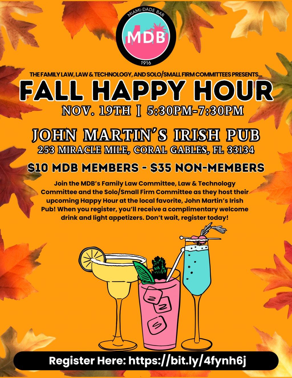 \ud83c\udf42 Fall Happy Hour with MDB Solo\/Small Firm, Family and Technology Committees 