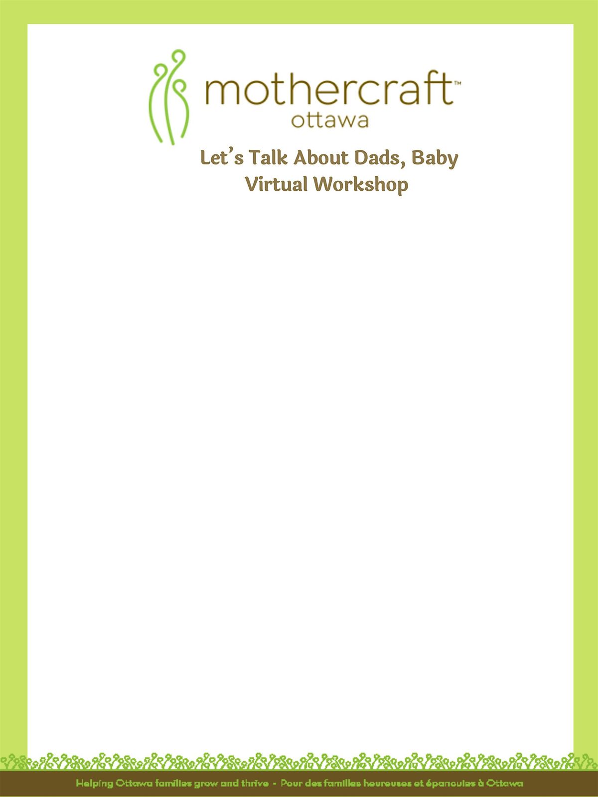 Mothercraft Ottawa EarlyON: Let's Talk about Dads, Baby Virtual Workshop