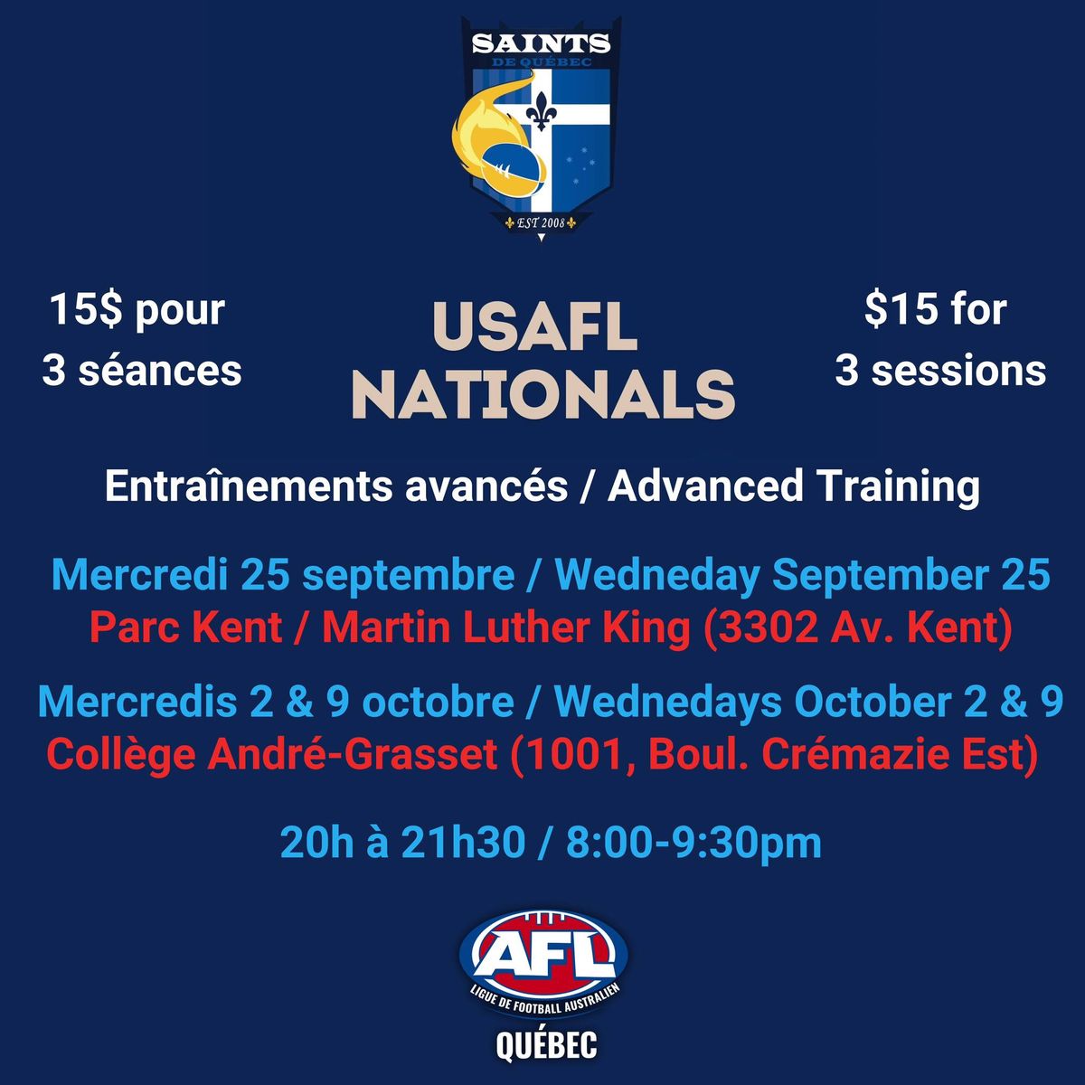 Entra\u00eenements avanc\u00e9s \/ Advanced Training Session - Quebec Saints - USAFL Nationals