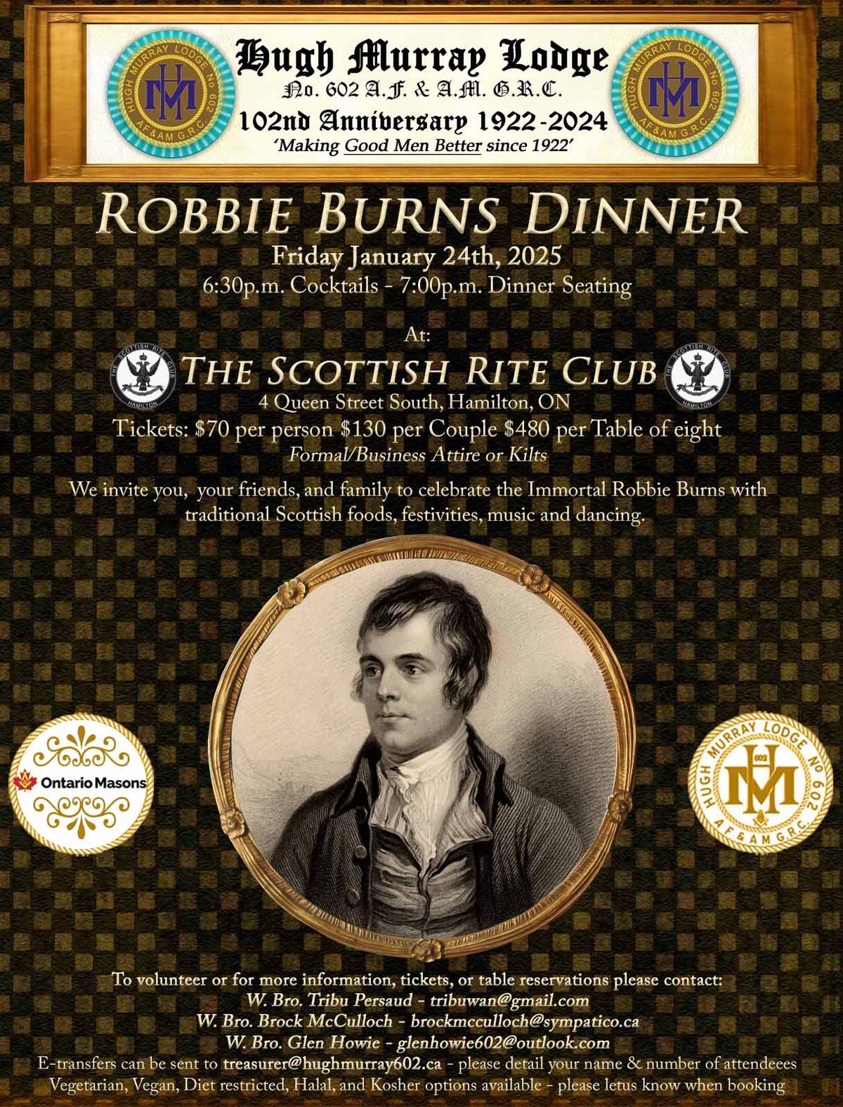 Robbie Burns Dinner - hosted by Hugh Murray Lodge #602 A.F. & A.M. G.R.C.