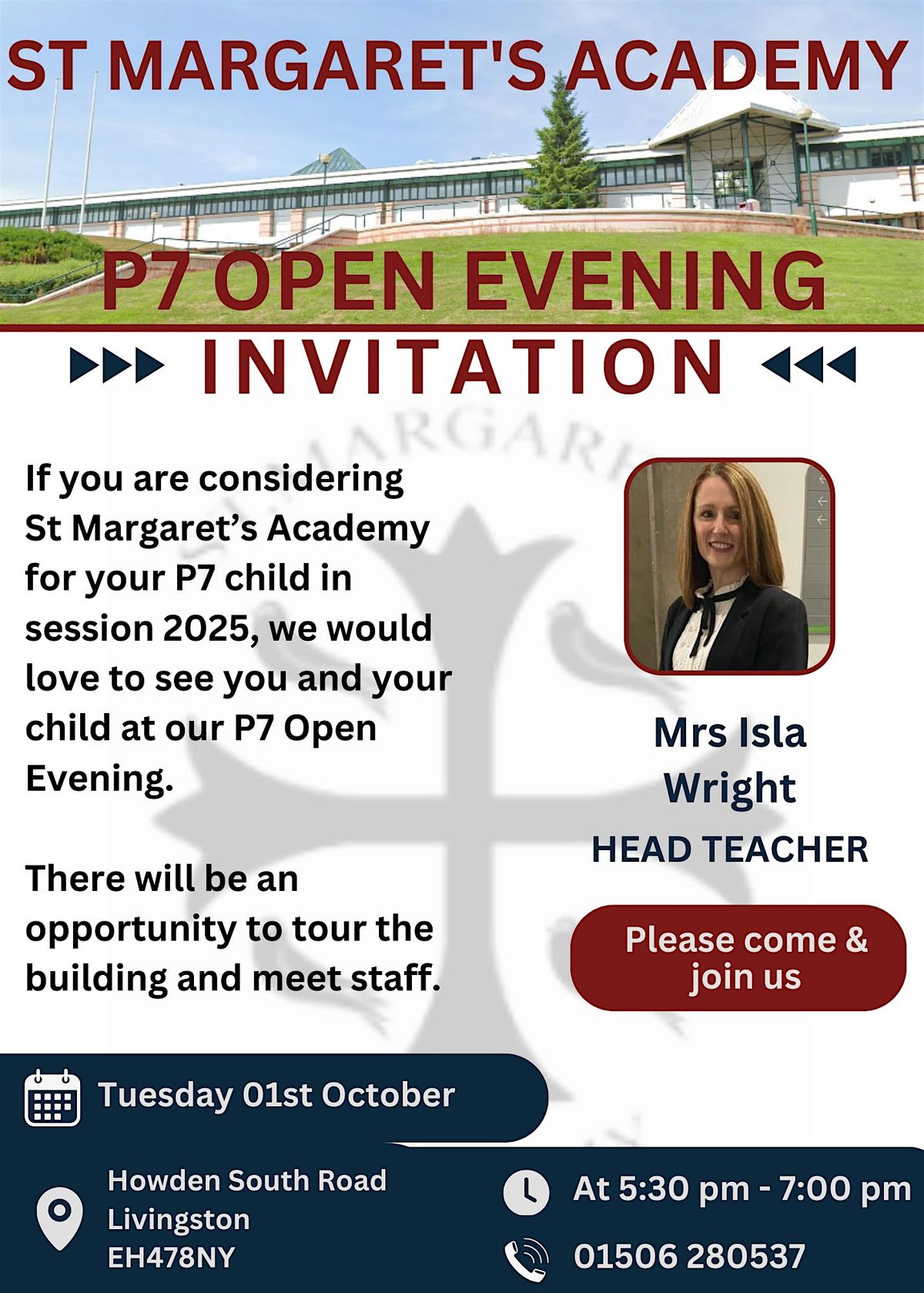 St Margaret's Academy  P7 Open Evening Invitation 2024