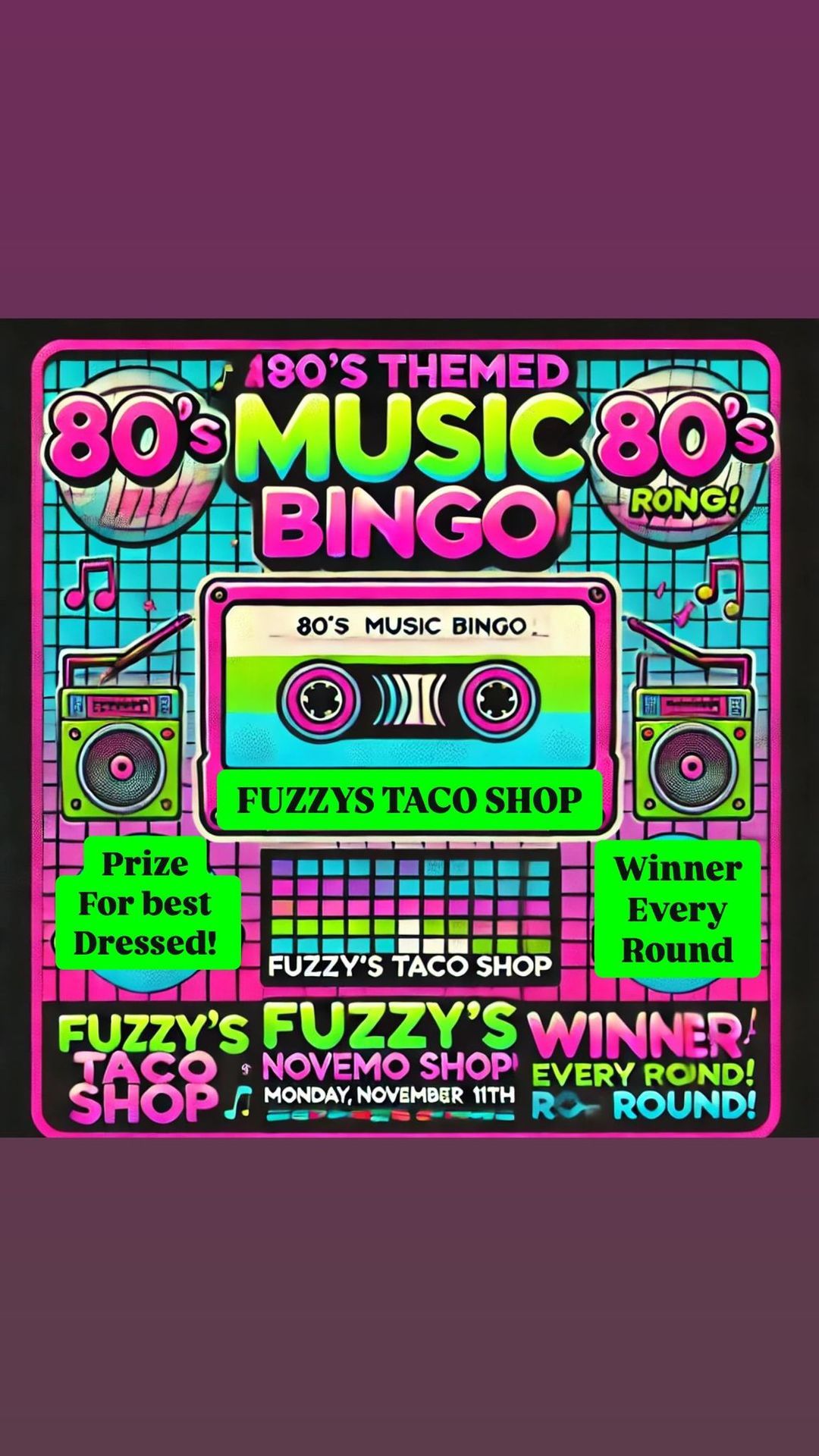 80\u2019s themed night! Music \ud83c\udfb6 Bingo 