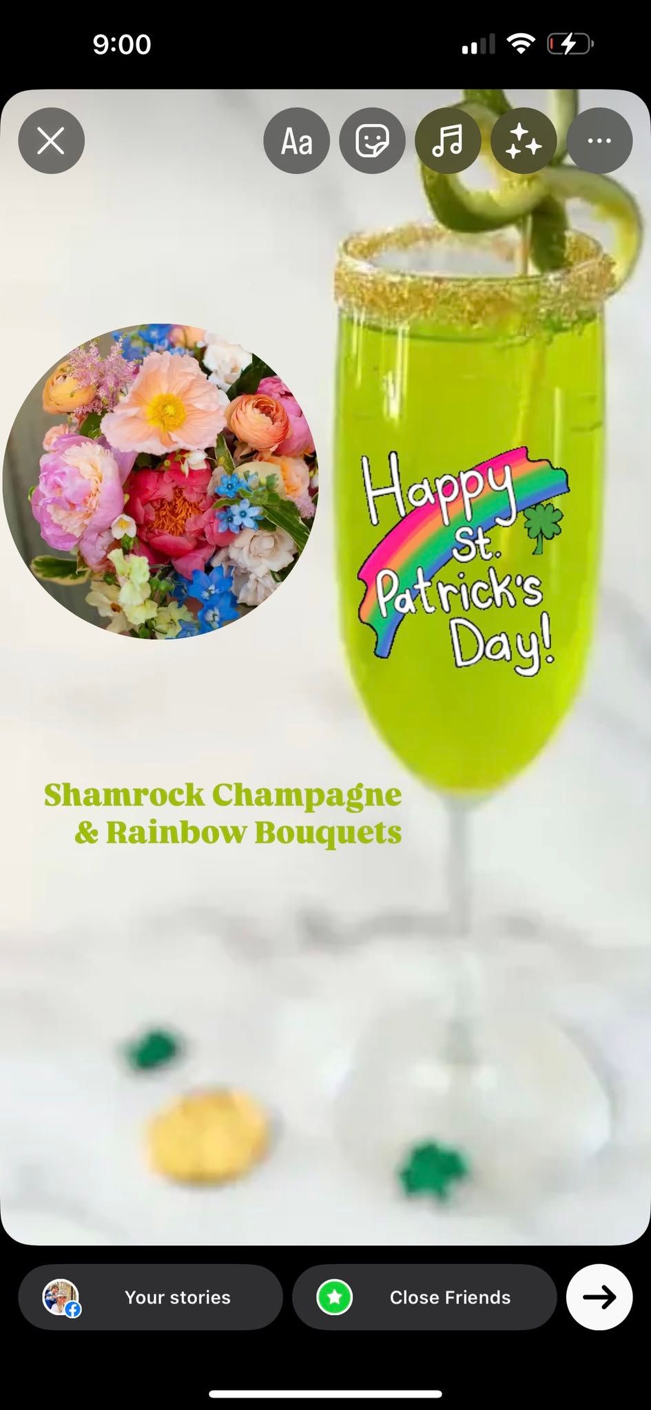 Saint Patrick's Day at the Flower Market! Shamrock Champagne and Rainbow Bouquets