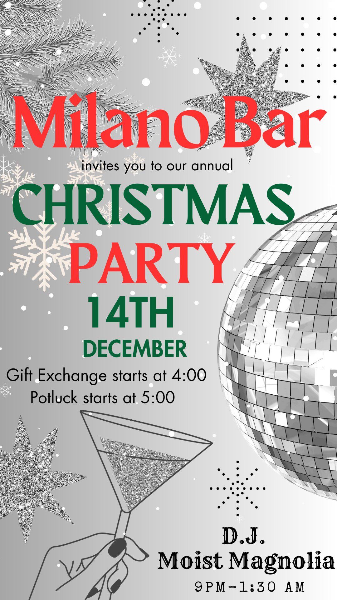 The Milano Bar Invites You To Our Annual Christmas Party On December 14