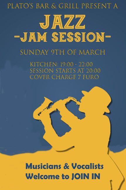 Live JAZZ JAM SESSION Sunday 9th of March at PLATO'S BAR & GRILL