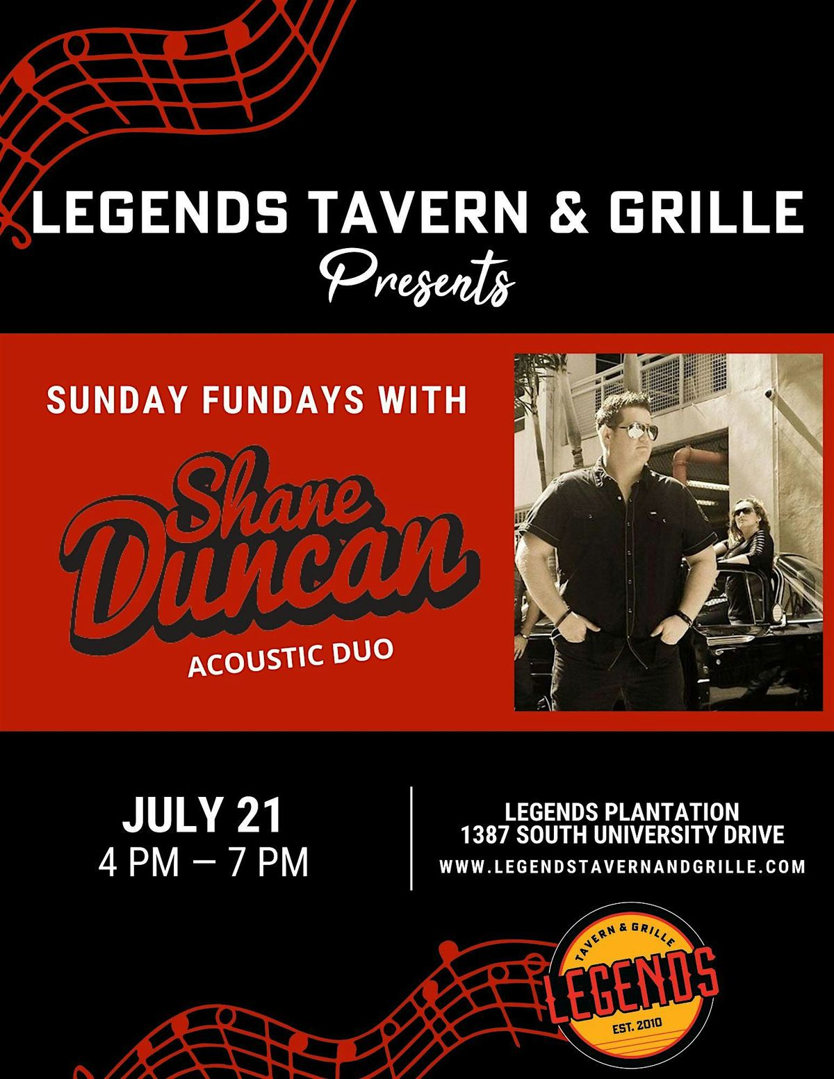 Sunday Funday at Legends Tavern & Grille Plantation With Live Performance by Shane Duncan