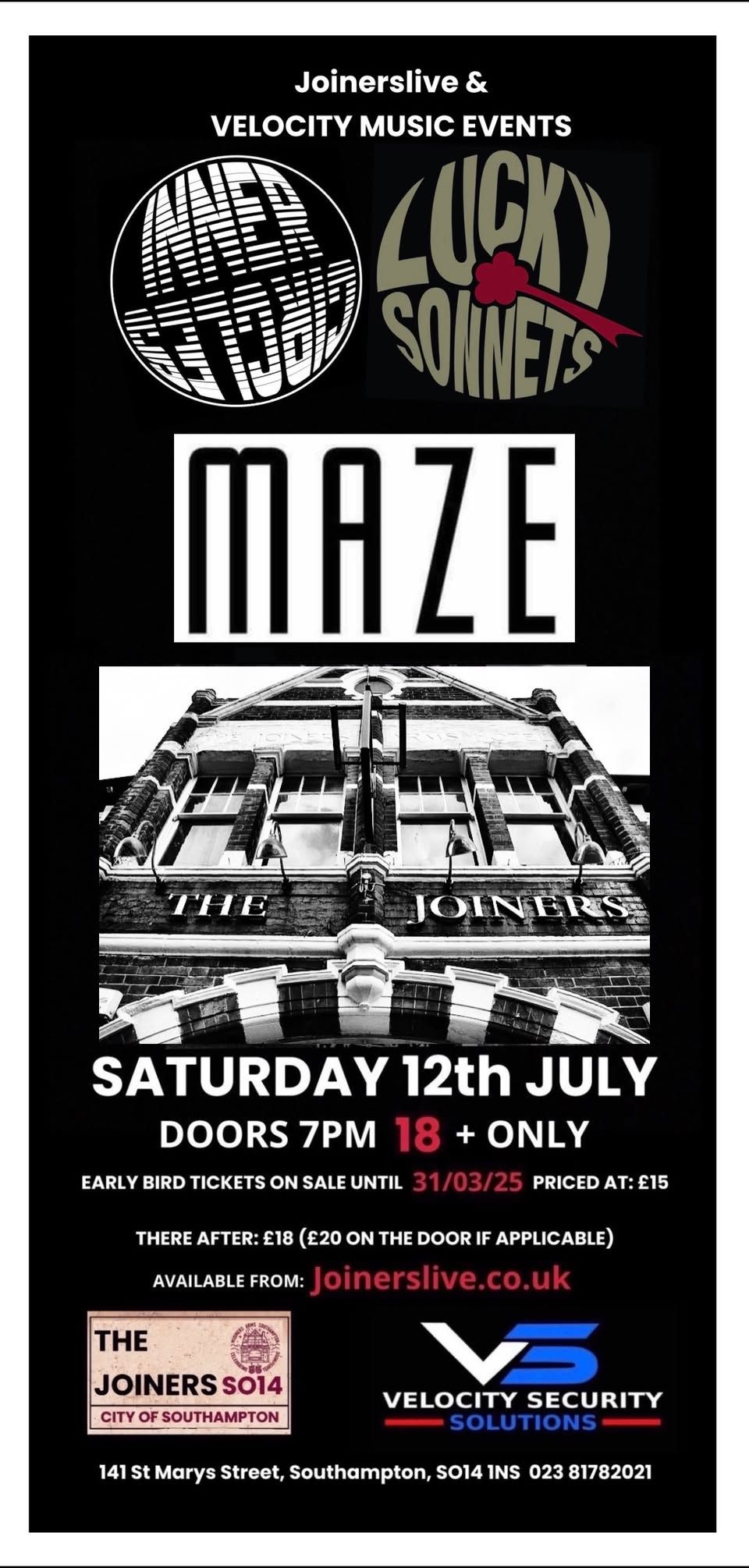 LUCKY SONNETS SUPPORTING - INNER CIRCLES - MAZE AT THE JOINERS SOUTHAMPTON