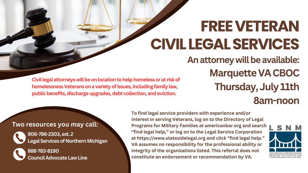 Free Veteran Civil Legal Services - Marquette VA CBOC