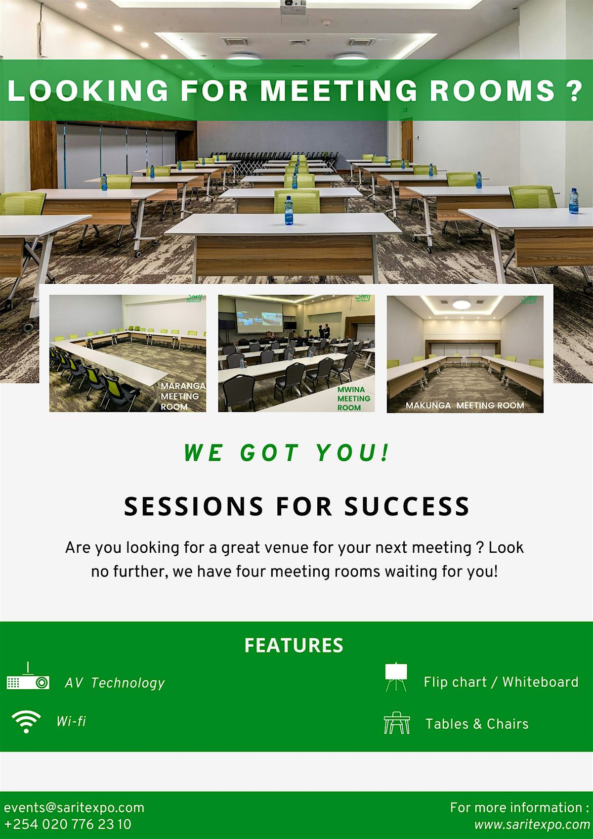 LOOKING FOR MEETING ROOMS? EMAIL US TODAY - meetingrooms@saritexpo.com