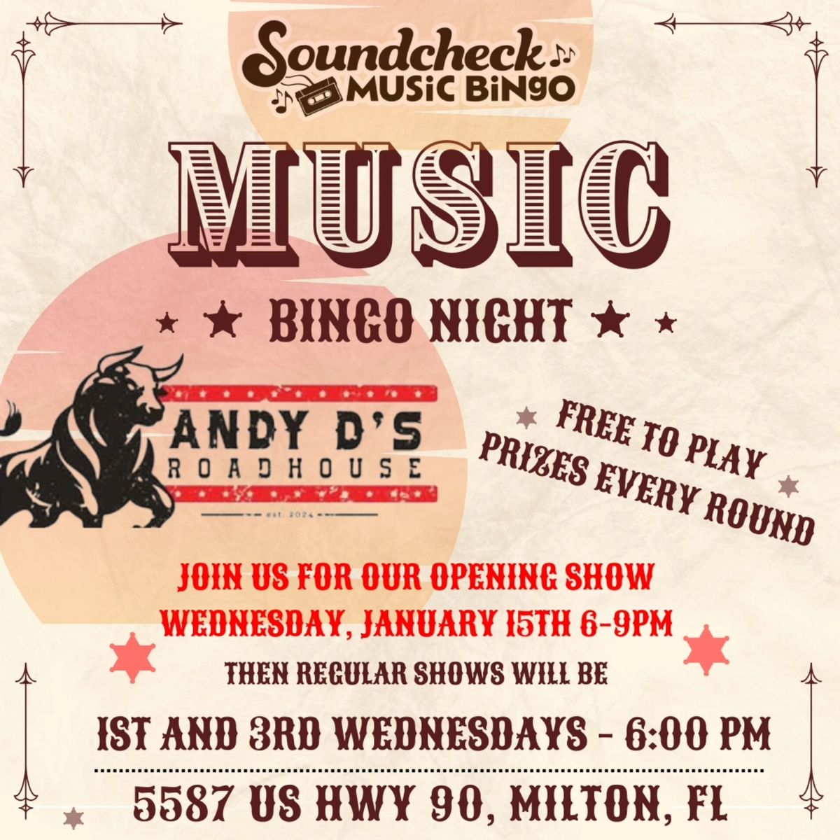 Soundcheck Music Bingo at Andy D's Roadhouse