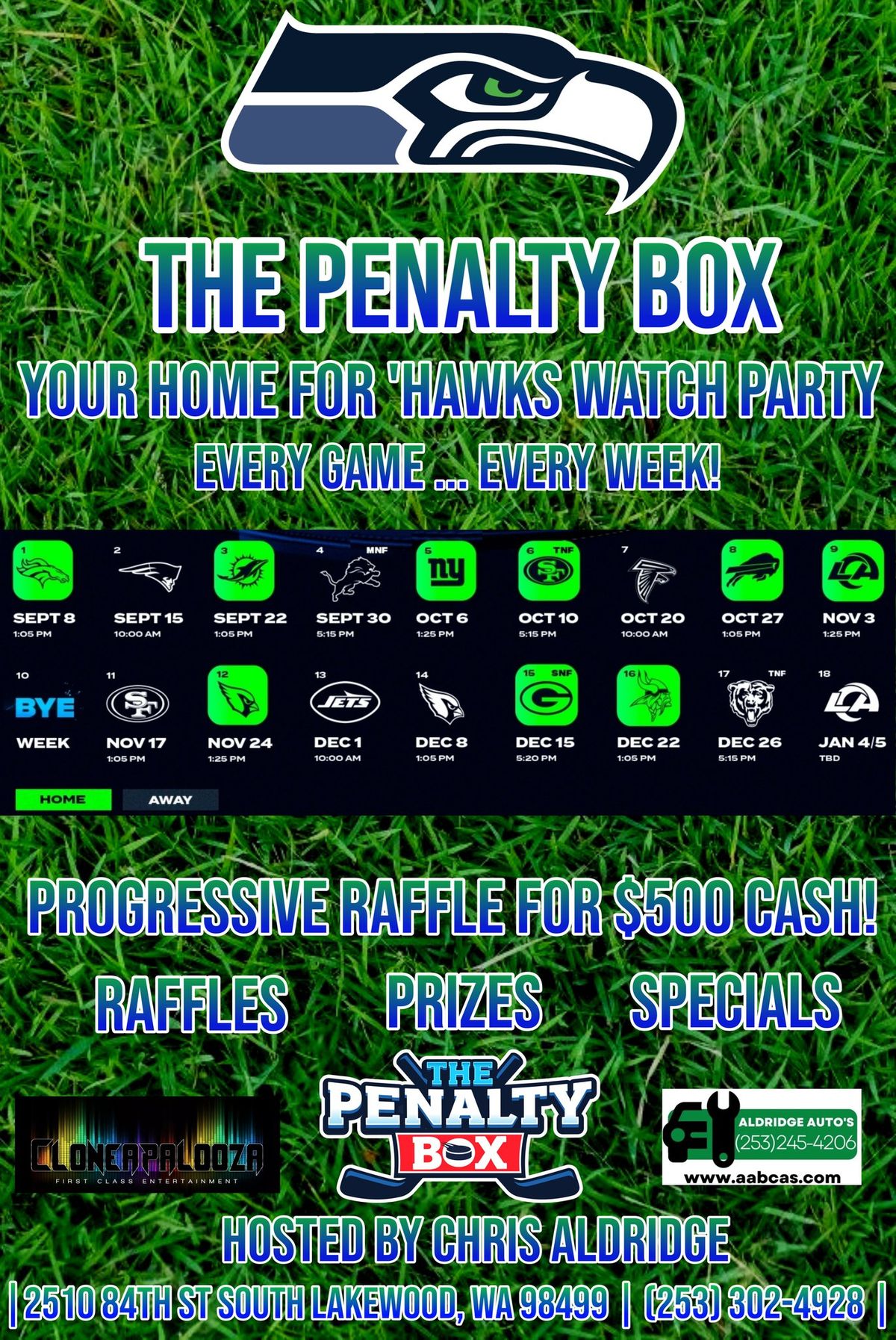 Seahawks Game Day Watch Party Every Week at The Penalty Box : Raffles, Prizes, Specials and more!