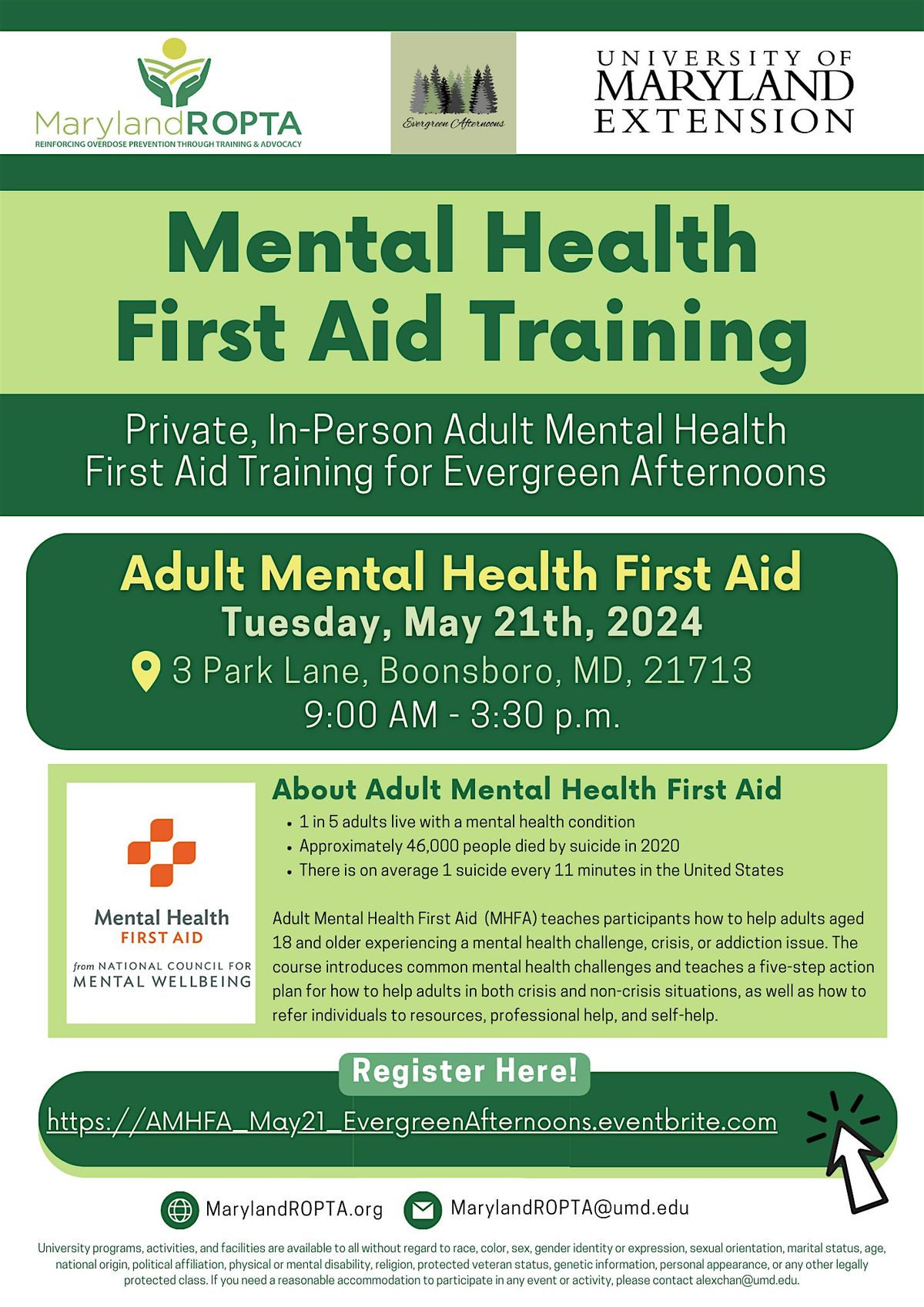 Adult Mental Health First Aid Training with Evergreen Afternoons