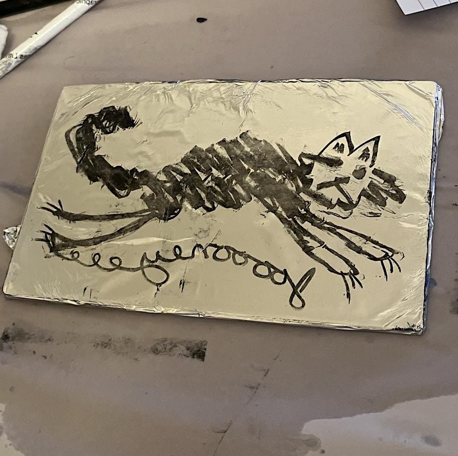 A hands-on workshop where participants are intently applying ink to etched foil sheets, their focus sharp and their movements deliberate. The scene is vibrant with the energy of creation, as each artist navigates the unpredictable dance of kitchen lithography.
