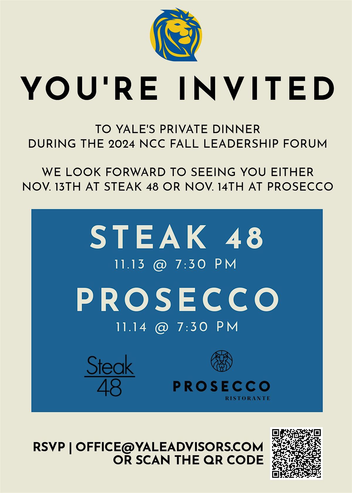 2024 NCC Conference, Yale Private Dinner @ STEAK 48 or Prosecco