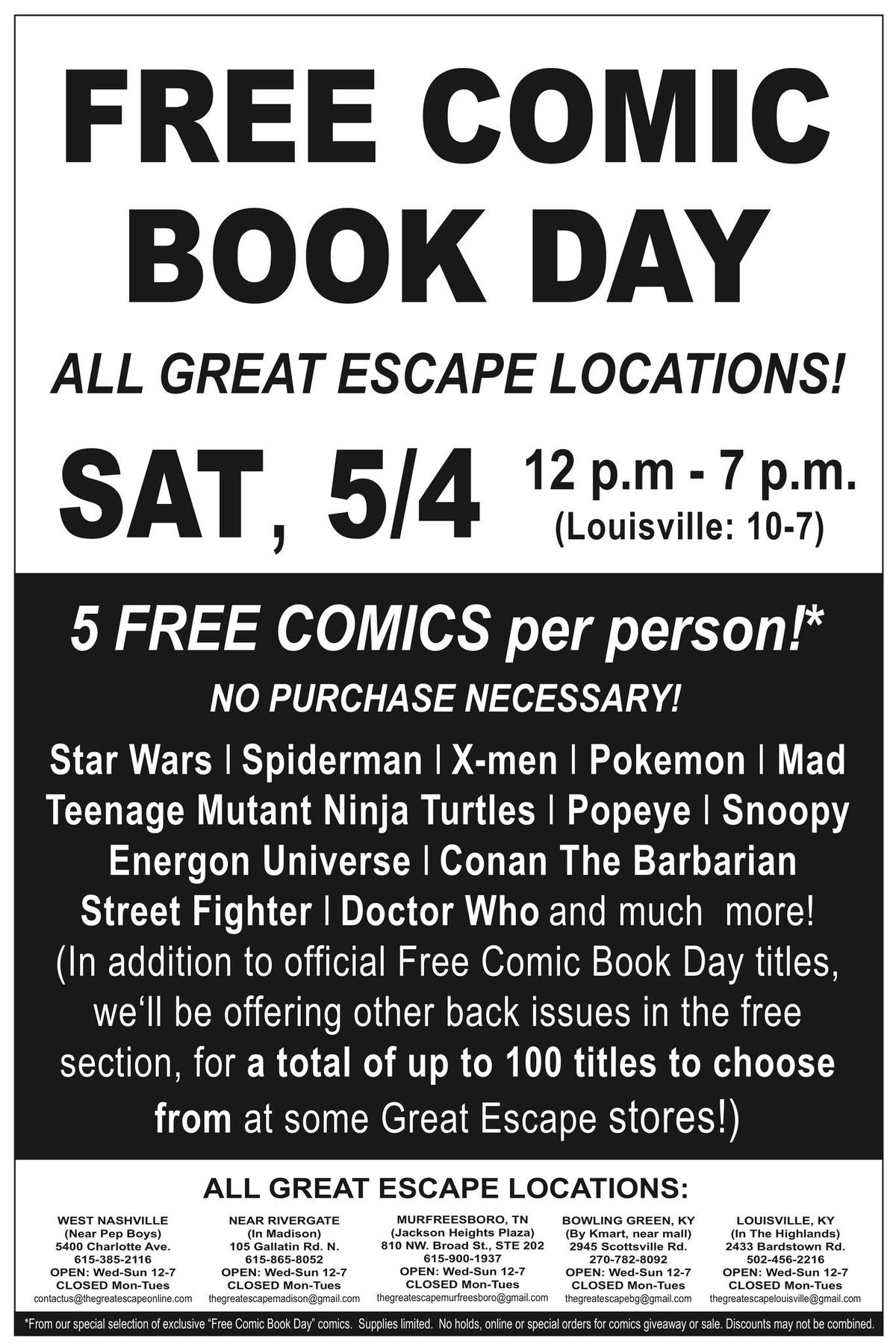 Free Comic Book Day @ Great Escape Nashville! Saturday, May 4th!