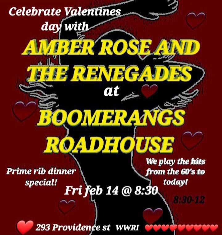 Celebrate your Valentines Day at BOOMERANGS ROADHOUSE with Amber Rose and the Renegades!