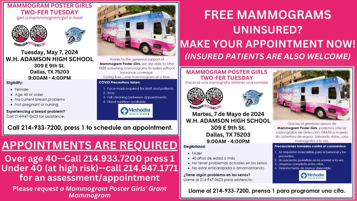 FREE MAMMOGRAMS! Mammogram Poster Girls' MAY 7TH, 2024 Two-Fer Tuesday: W.H. ADAMSON HIGH SCHOOL