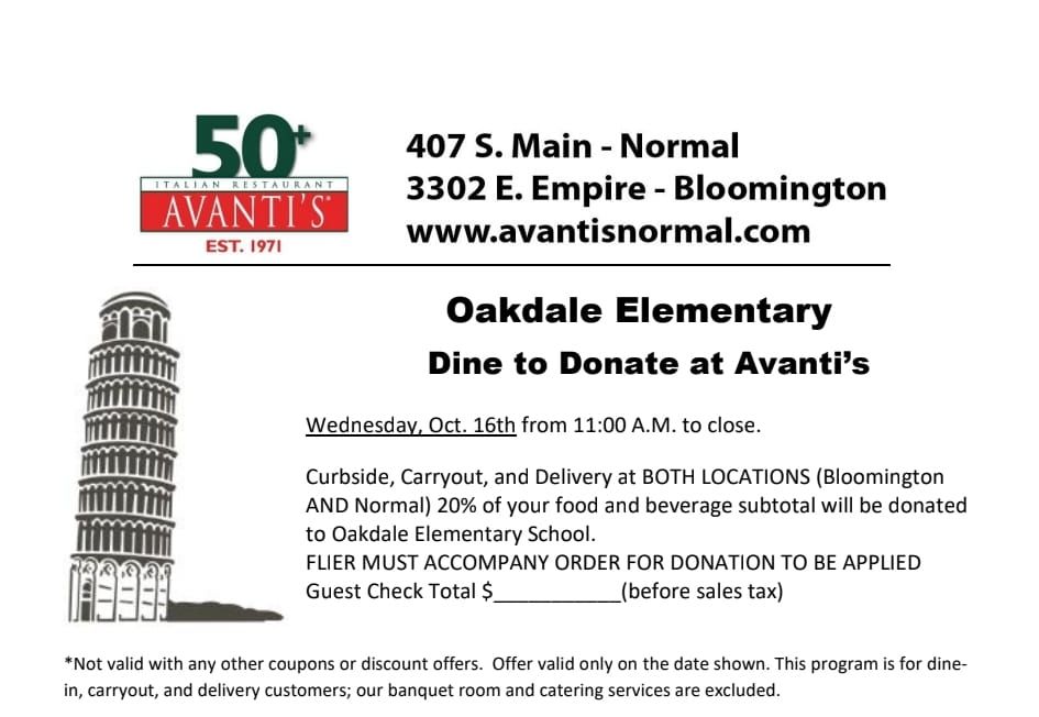 \ud83e\udd56Oakdale PTO Avanti's Dine to Donate! \ud83c\udf5d