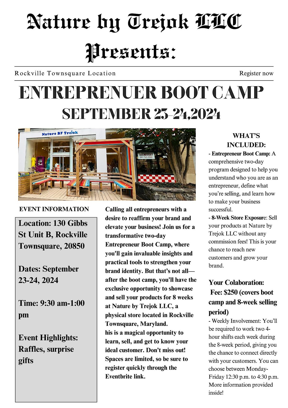 Entrepreneur Boot Camp\/8 Weeks Sale opportunity in Brick and Mortar Store