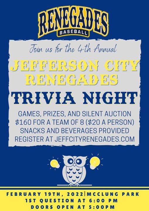 4th Annual Trivia Night, McClung Park Dr, Jefferson City, MO 65101