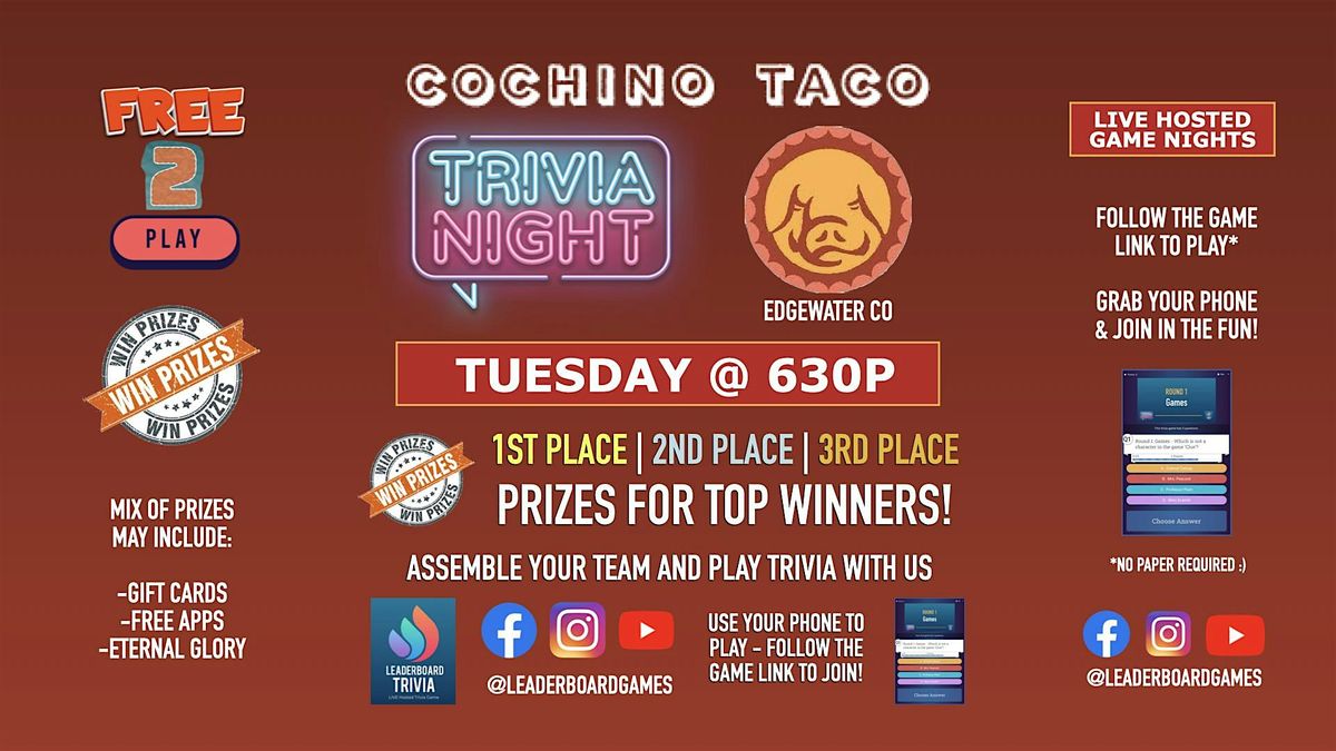 Trivia Night | Cochino Taco - Edgewater CO - TUE 630p - @LeaderboardGames