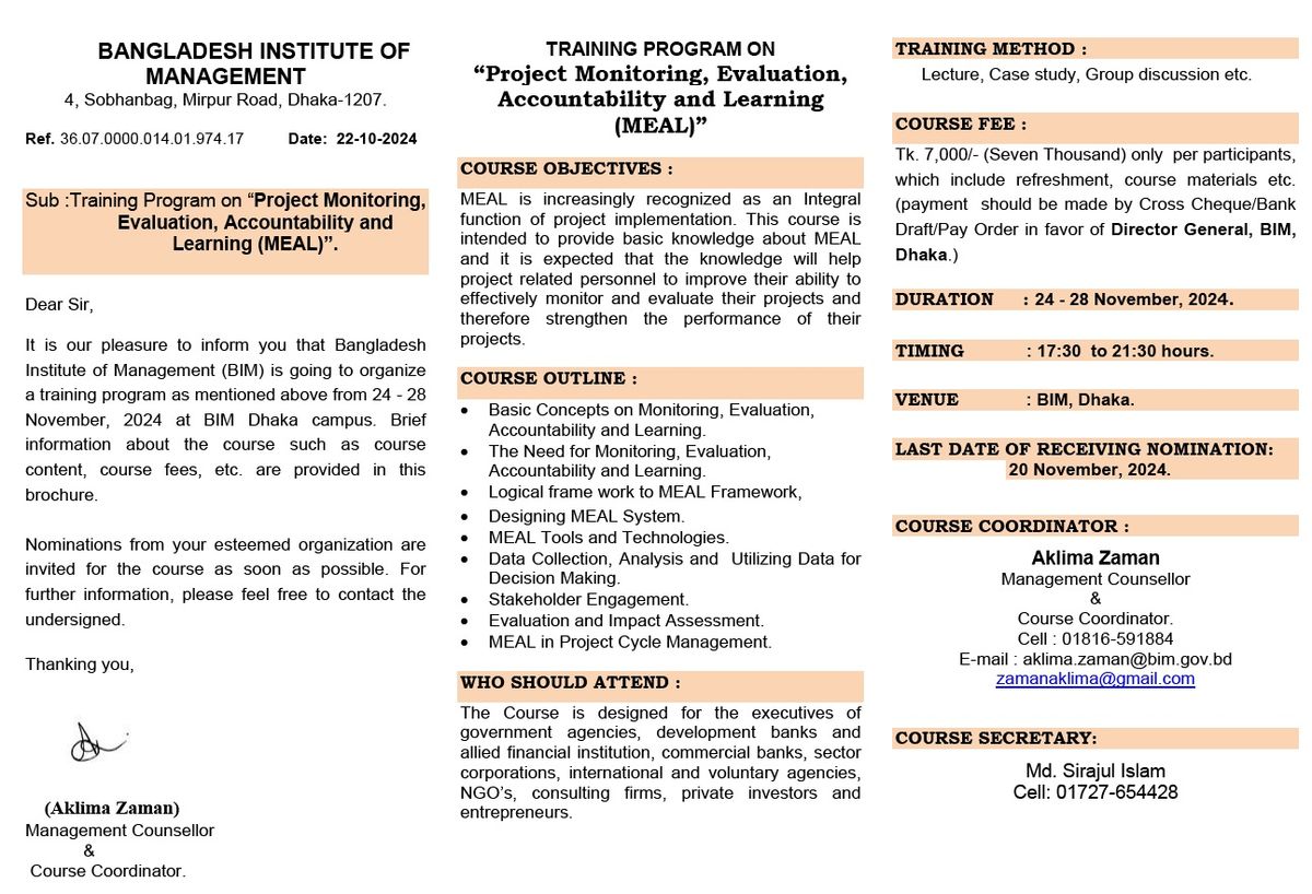 Training Course on Project Monitoring, Evaluation, Accountability, and Learning (MEAL)