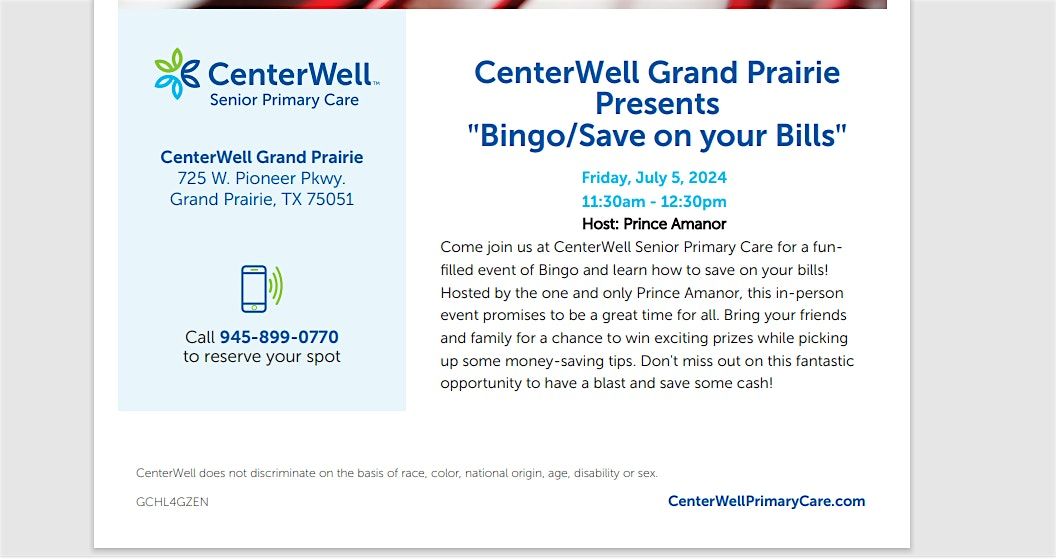 CenterWell Grand Prairie Presents - Bingo\/Save on your Bills