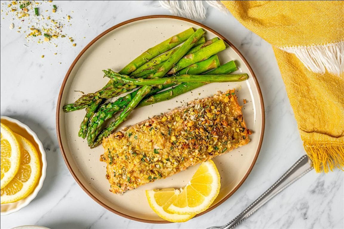 UBS IN PERSON Cooking Class: Horseradish Mustard Salmon, Parm Asparagus