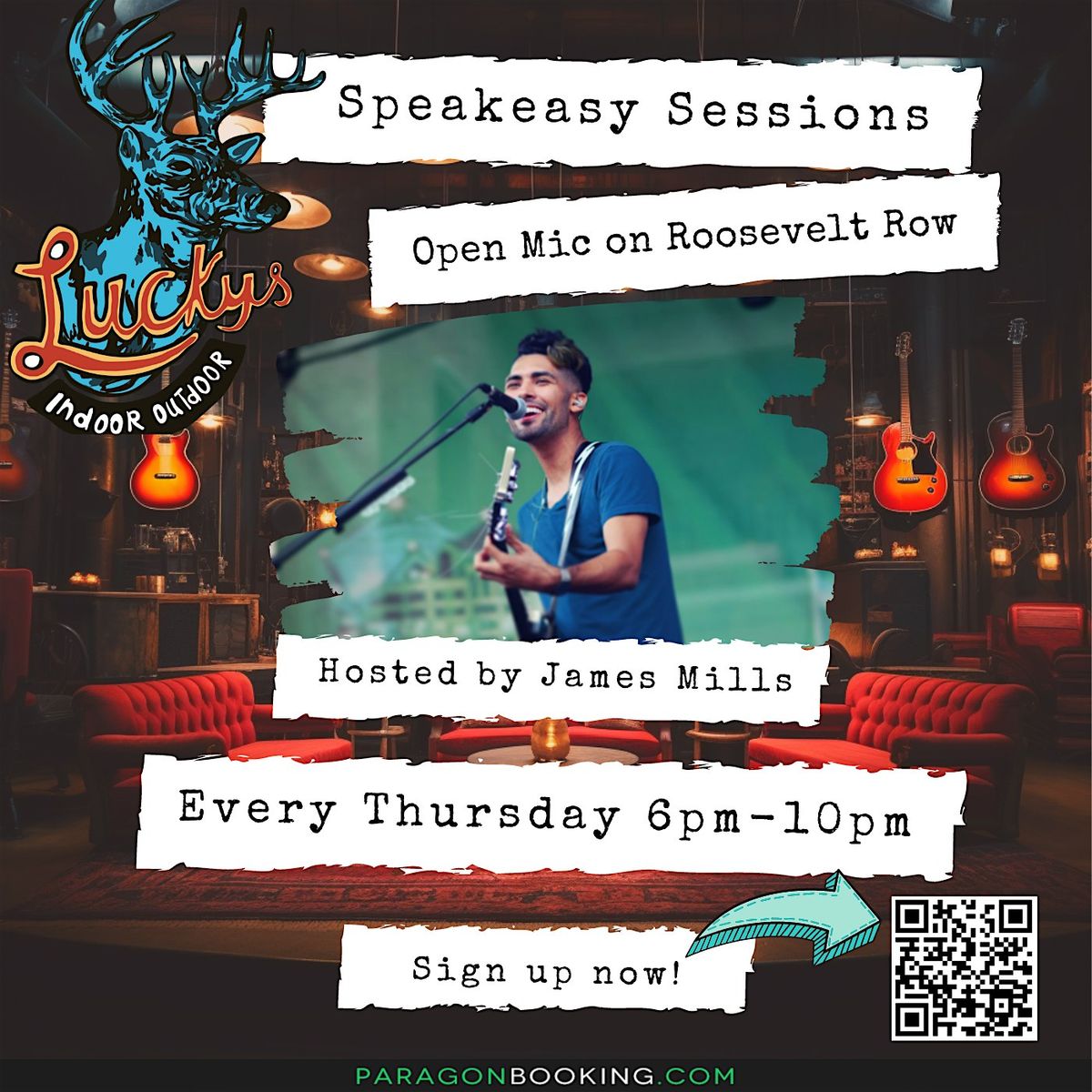 Speakeasy Sessions Open Mic for Songwriters :  Live Music in Roosevelt Row featuring Open Mic Hosted by James Mills of People Who Could Fly at Luckys Indoor Outdoor