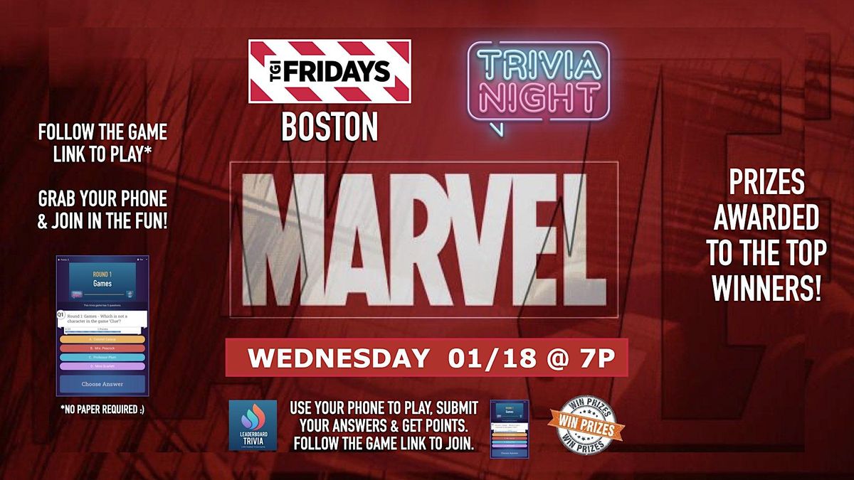 Marvel MCU Theme Trivia Game Night TGI Fridays Boston MA WED 01/