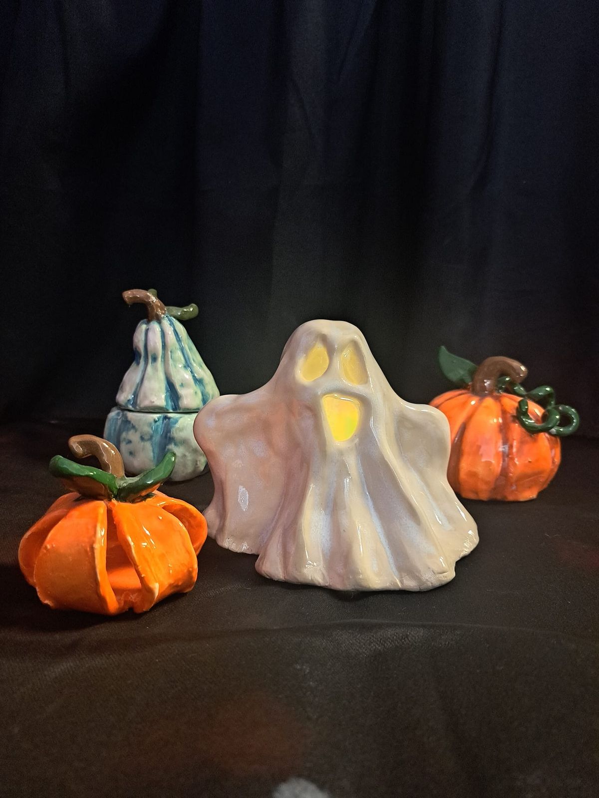 Clay Ghost Lantern and Pumpkins (Wines and Designs)