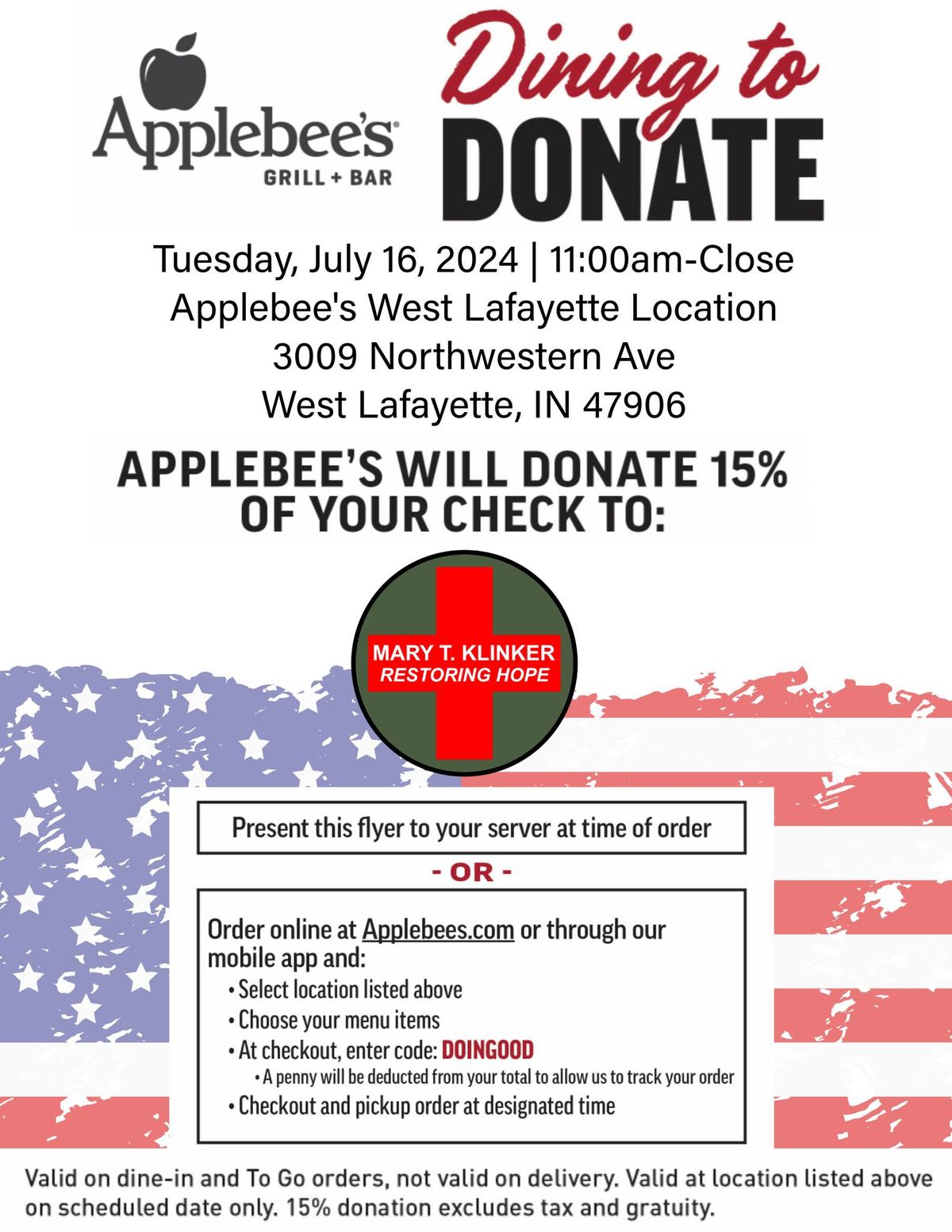 Mark your dinner plans for July 16th at Applebee's in West Lafayette