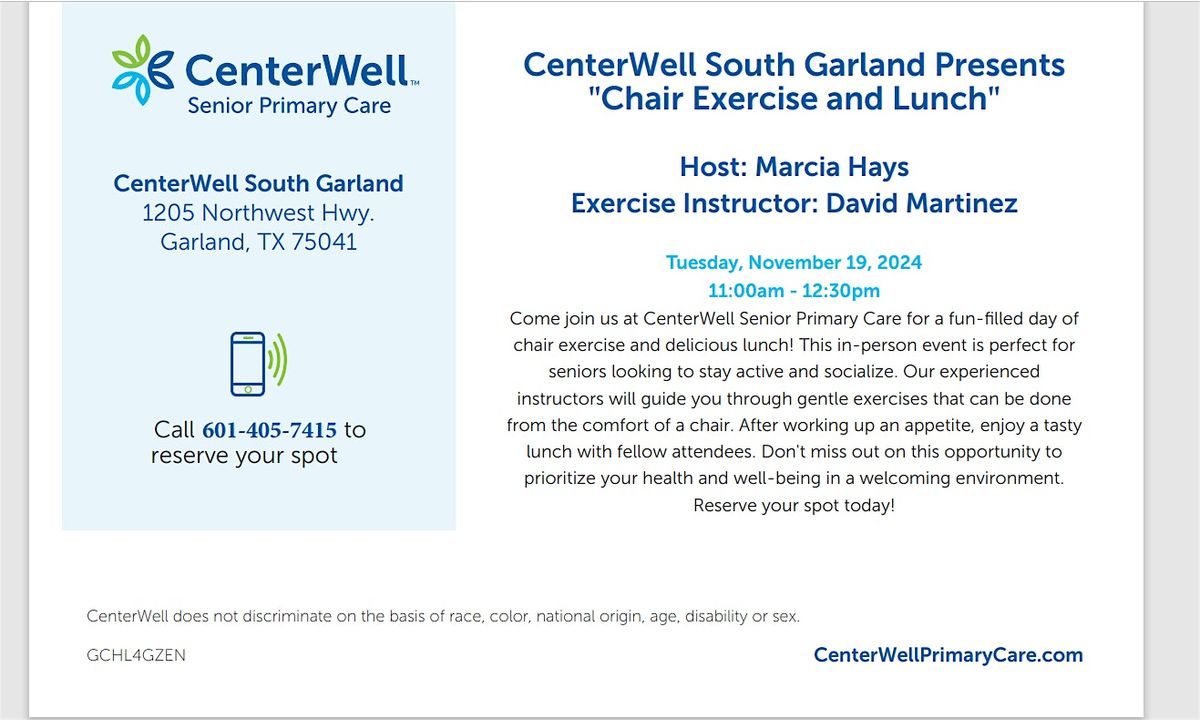 CenterWell South Garland Presents - Chair Exercise and Lunch