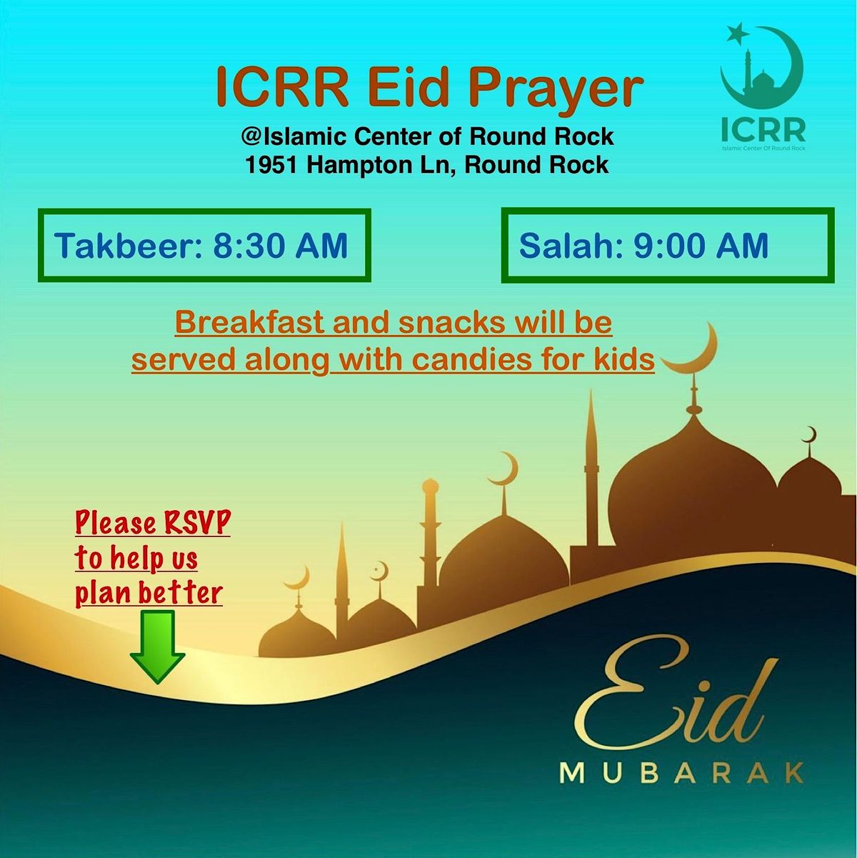 ICRR Eid Al Fitr 2023 Prayer Services, Islamic Center of Round Rock, 21 ...