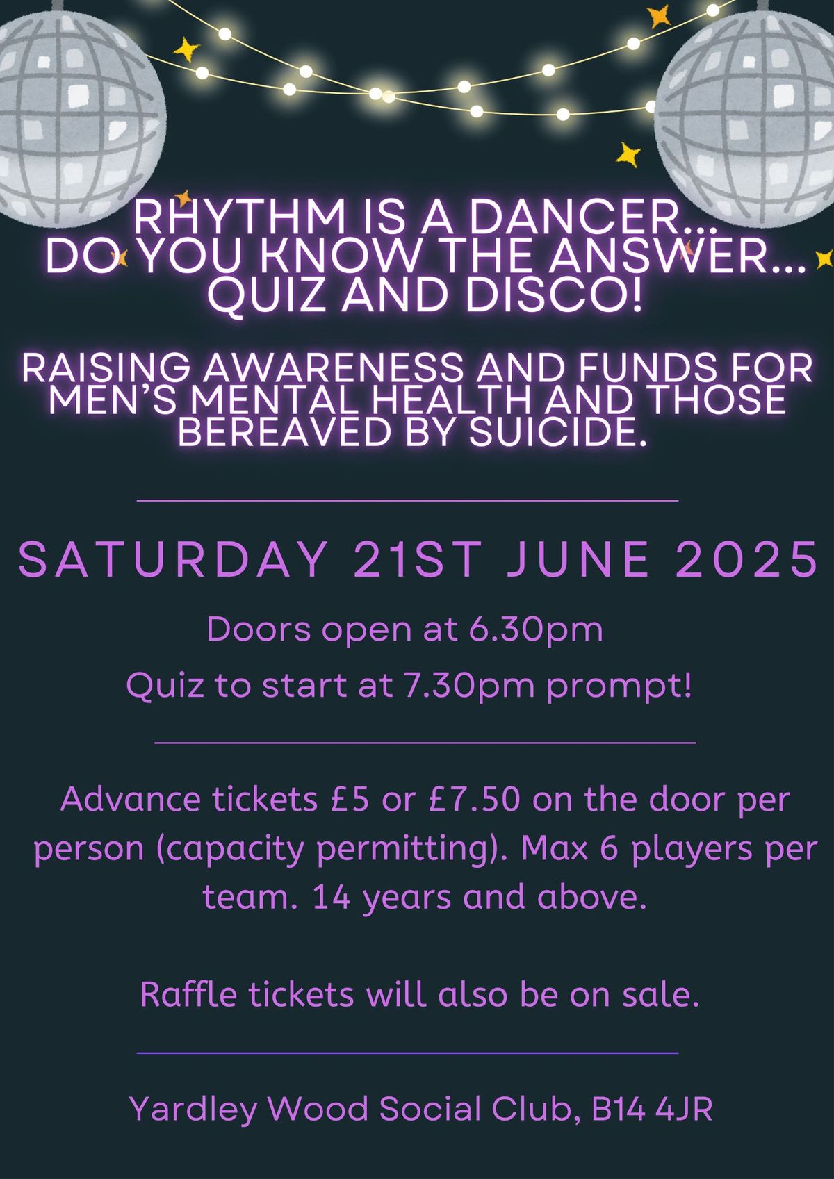 Quiz and Disco night -  Raising money for Men's Mental Health and those bereaved by suicide.