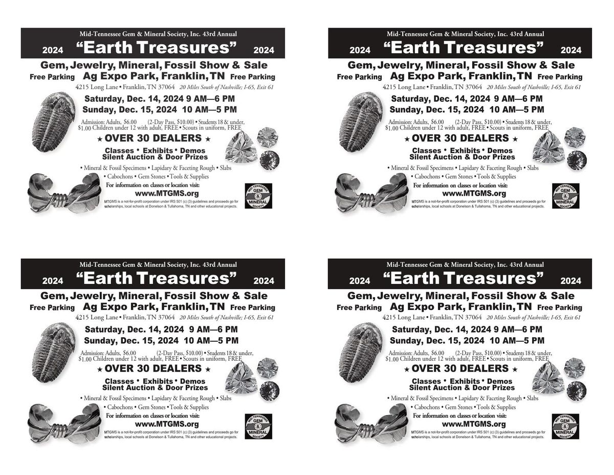 2024 MTGMS \u2013 43rd Annual Earth Treasures - Gem, Mineral, Fossil Show & Sale