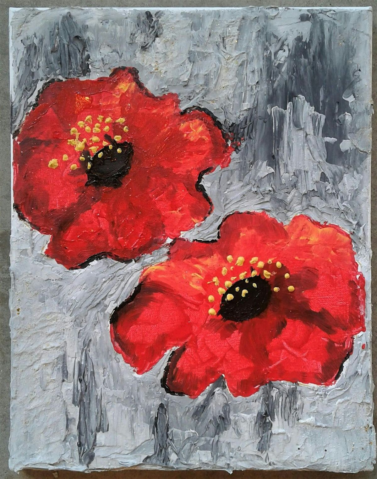 Textured Red Flowers, Acrylic and Mixed Media on Canvas