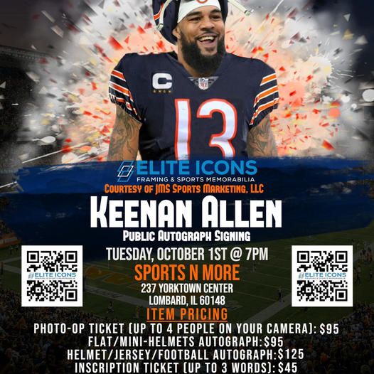 Come meet Chicago Bears player KEENAN ALLEN for a Public Autograph Signing & Photo-Op event!!!