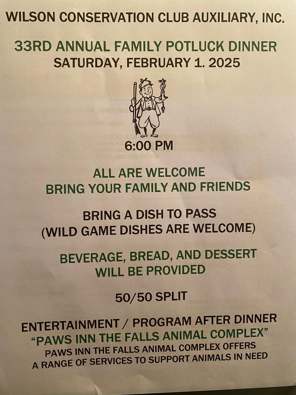 Family Potluck Dinner - Paws in the Falls will be our guest speaker