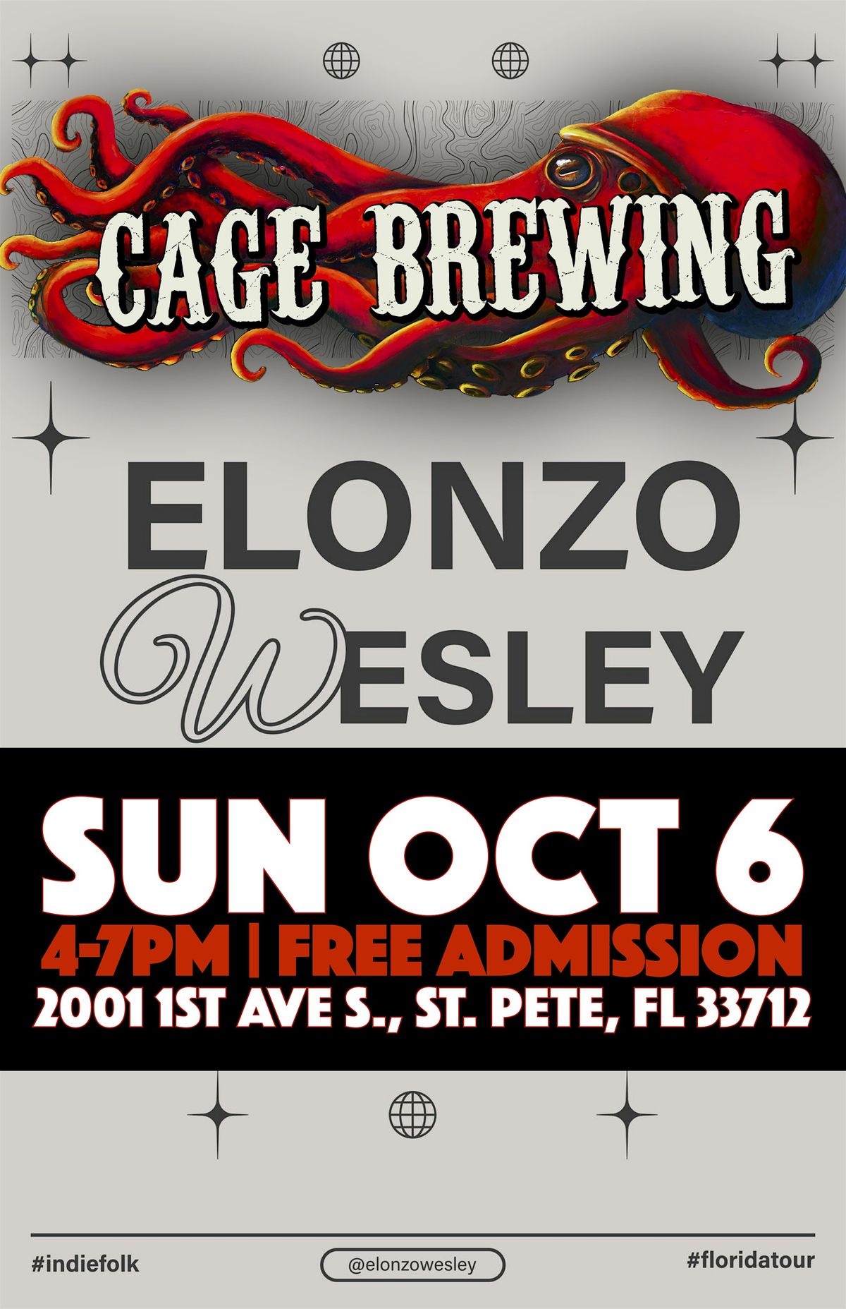 FREE ADMISSION | Elonzo Wesley LIVE at Cage Brewing, St. Pete, FL | SUN OCT 6 | 4-7pm