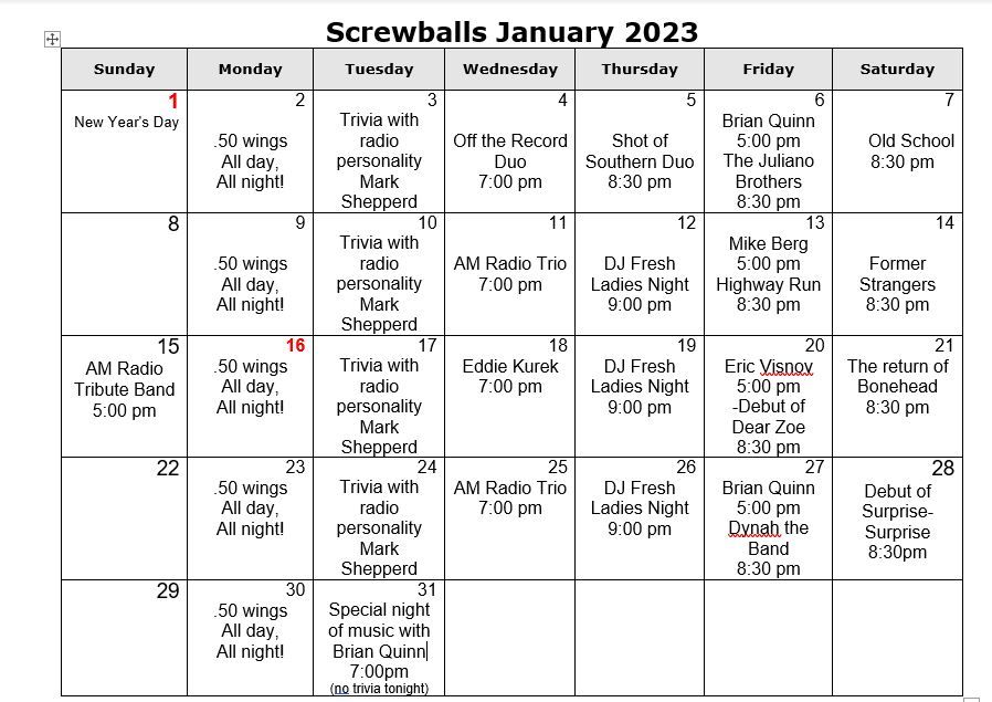 Screwballs January 2023 Events Calendar, Screwballs Sports Bar and ...