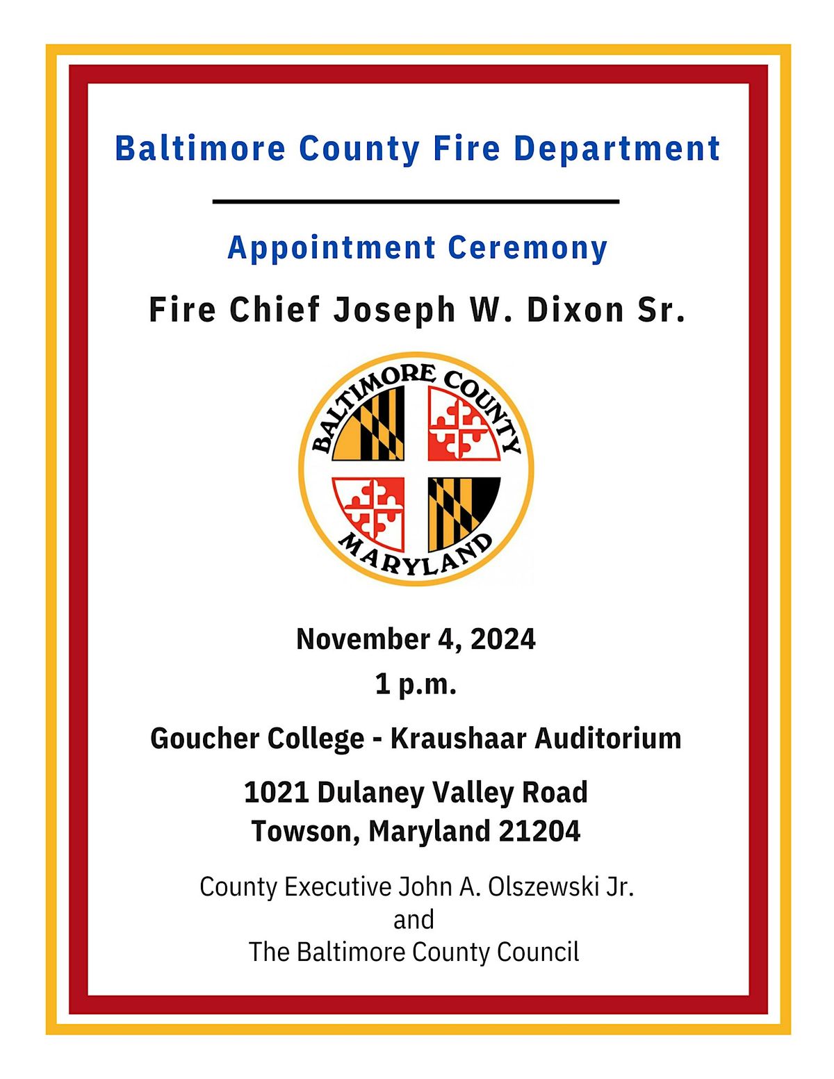 Baltimore County Fire Chief Joseph W. Dixon Sr. Appointment Ceremony