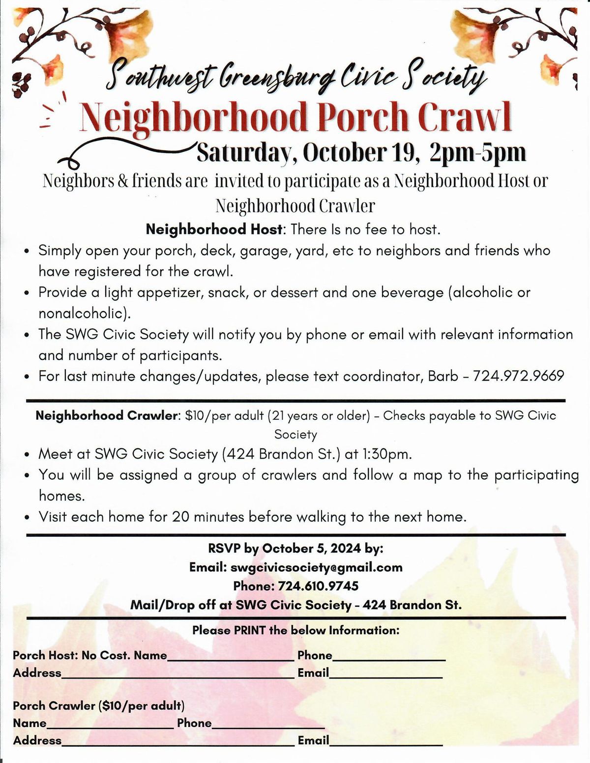 Southwest Greensburg Civic Society Neighborhood Porch Crawl