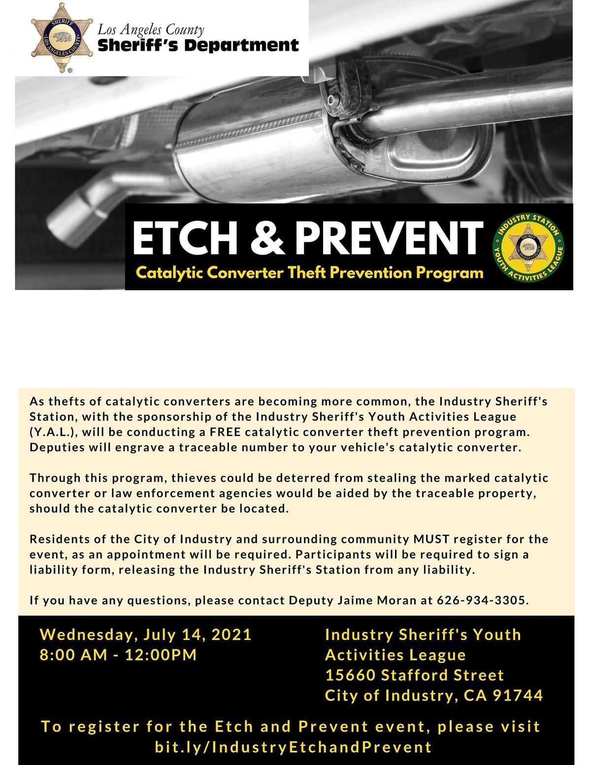 Etch & Prevent Catalytic Converter Theft Prevention Program November 17th, Industry Sheriff's Y