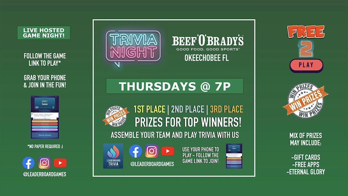 Trivia Night | Beef 'O' Brady's - Okeechobee FL - THUR 7p @LeaderboardGames