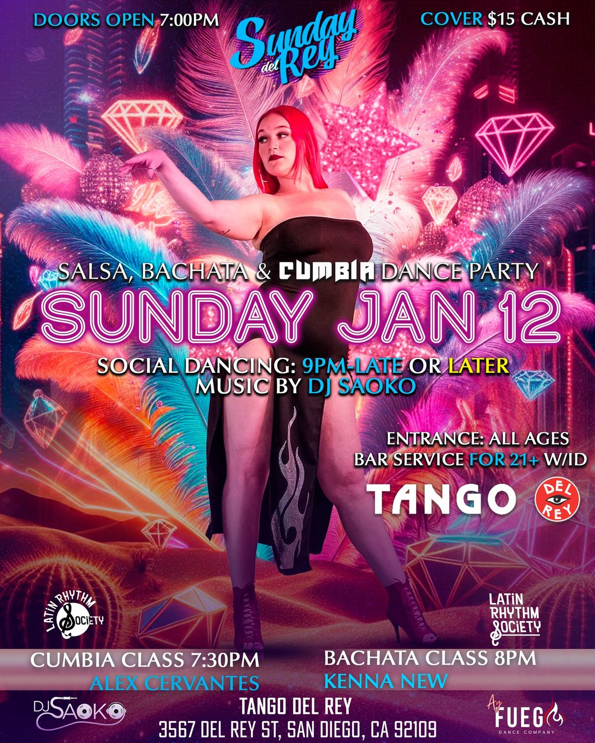 SUNDAY DEL REY SALSA BACHATA & CUMBIA DANCE PARTY SUNDAY JAN 12