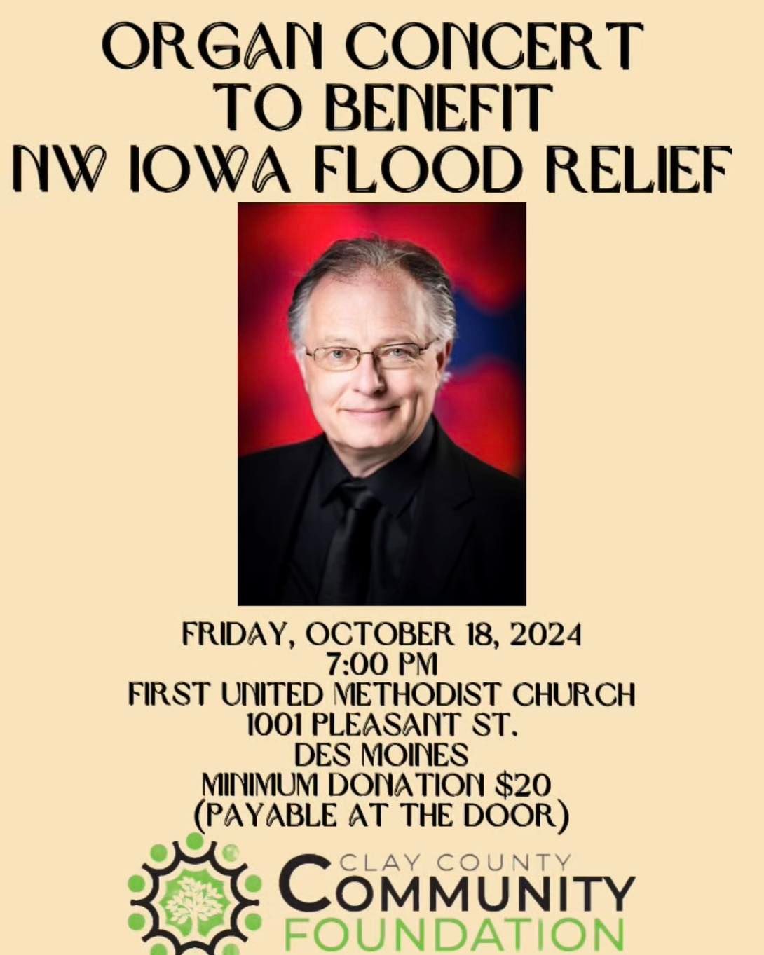 ORGAN CONCERT TO BENEFIT NW IOWA FLOOD RELIEF