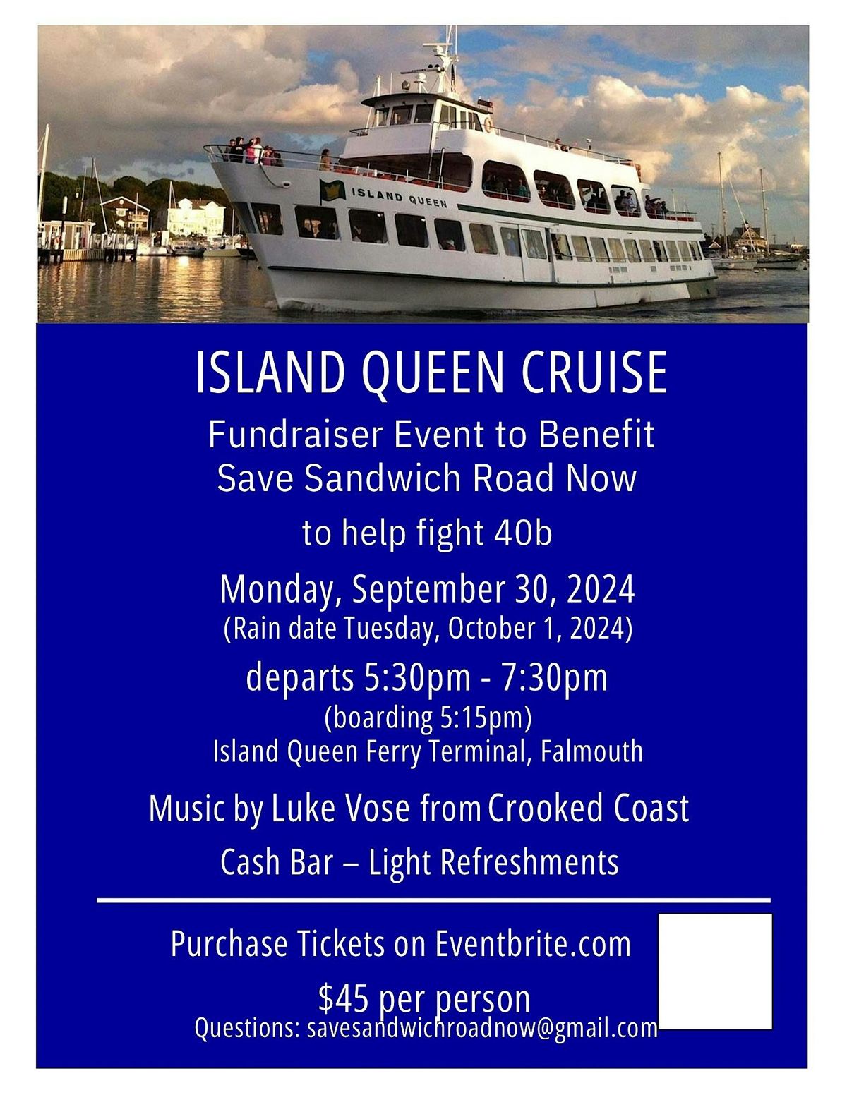 Cruise on Island Queen to Save Sandwich Road Now