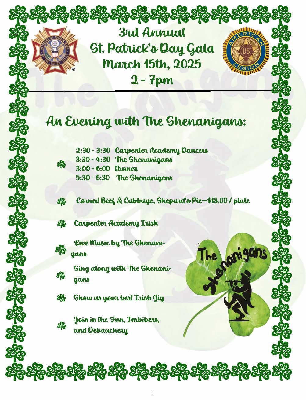 VFW& Legion St. Patricks Event- Irish Dancers-Irish Band- Corned Beef and Cabbage- $ 18.00